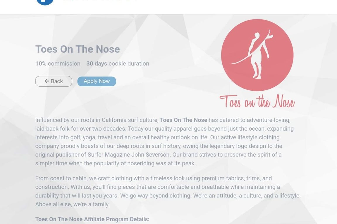 Toes On The Nose affiliate program signup page