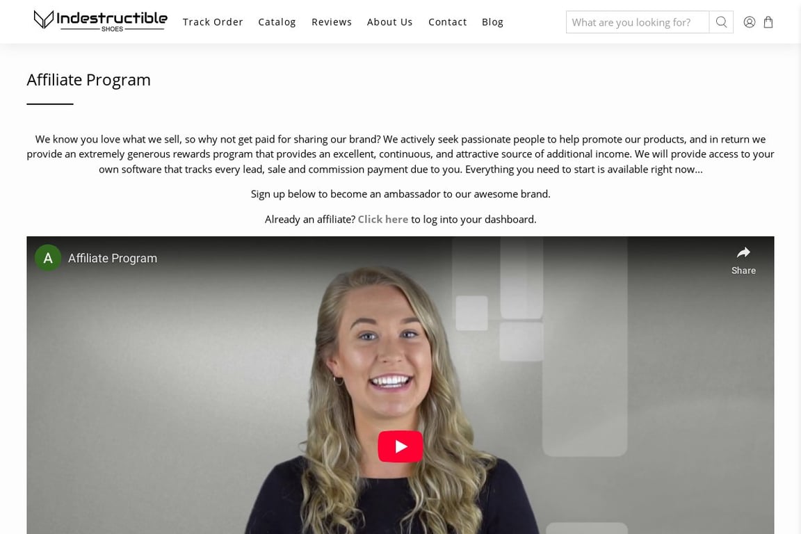 Indestructible Shoes affiliate program signup page