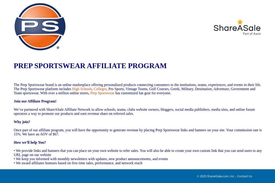 Prep Sportswear affiliate program signup page