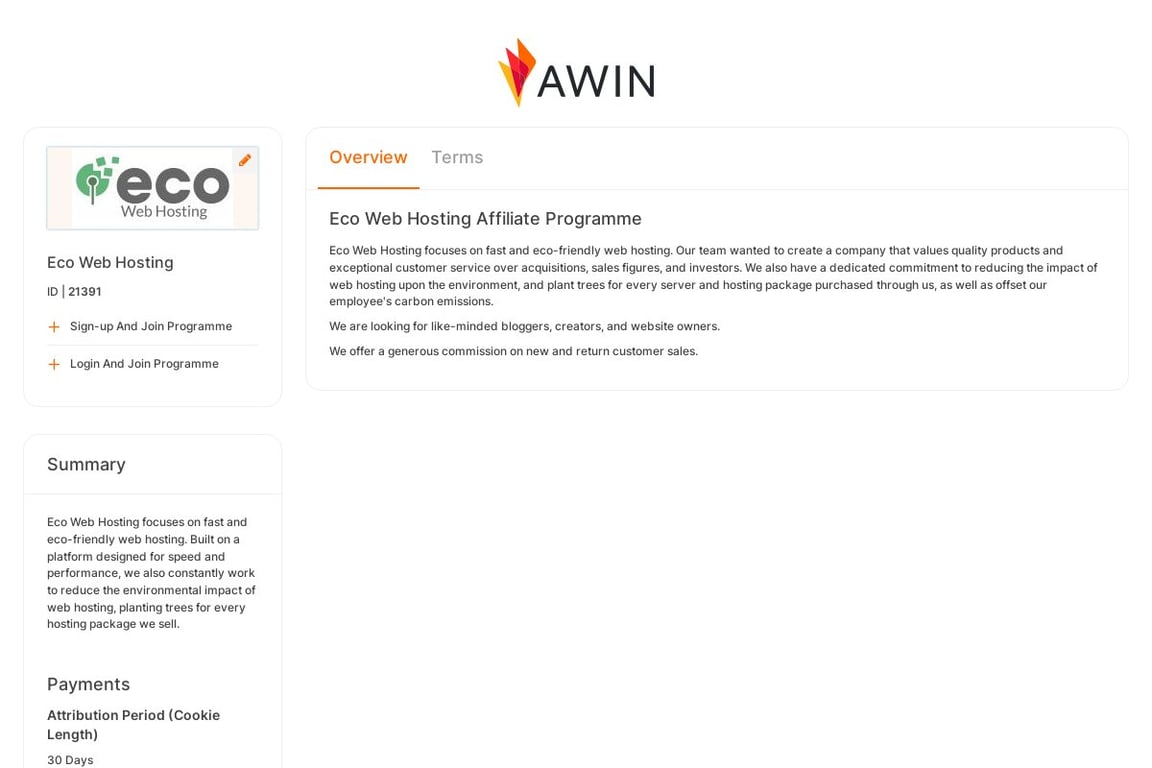 Eco Web Hosting affiliate program signup page