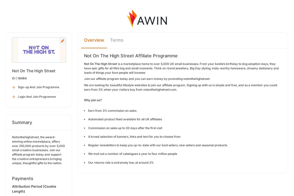 Not On The High Street affiliate program signup page