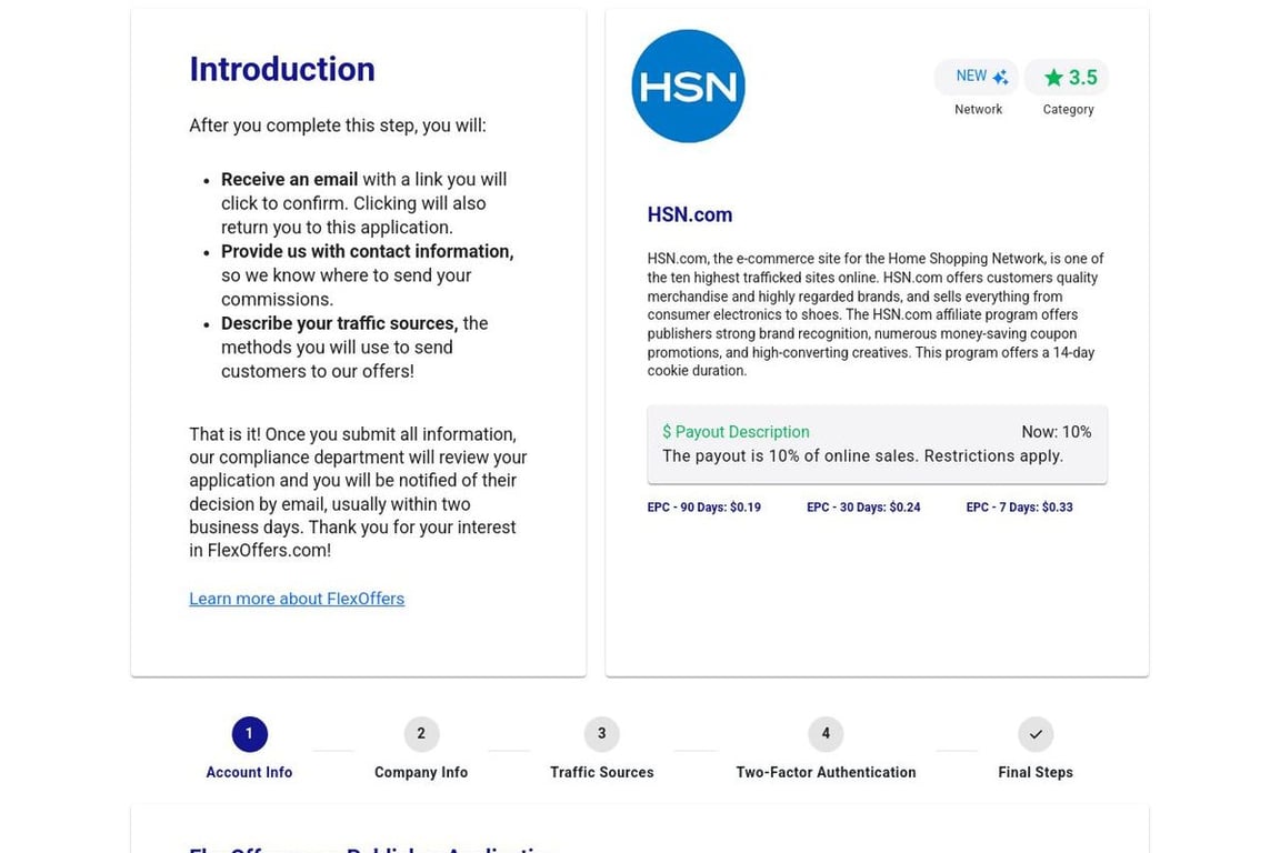 HSN.com affiliate program signup page