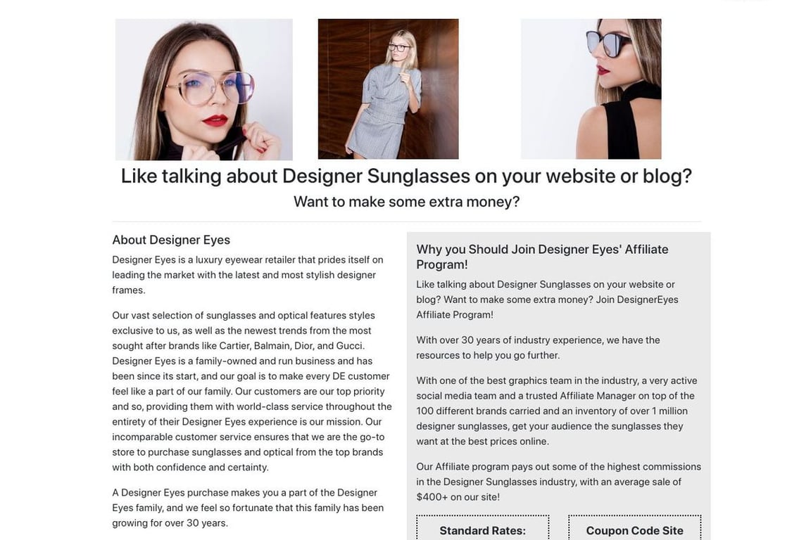 Designer Eyes affiliate program signup page