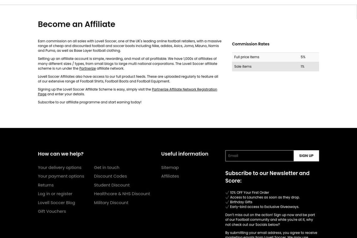 Lovell Soccer affiliate program signup page
