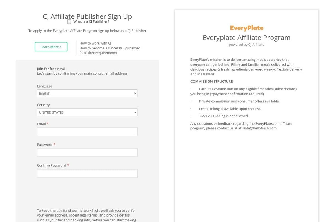 Everyplate affiliate program signup page