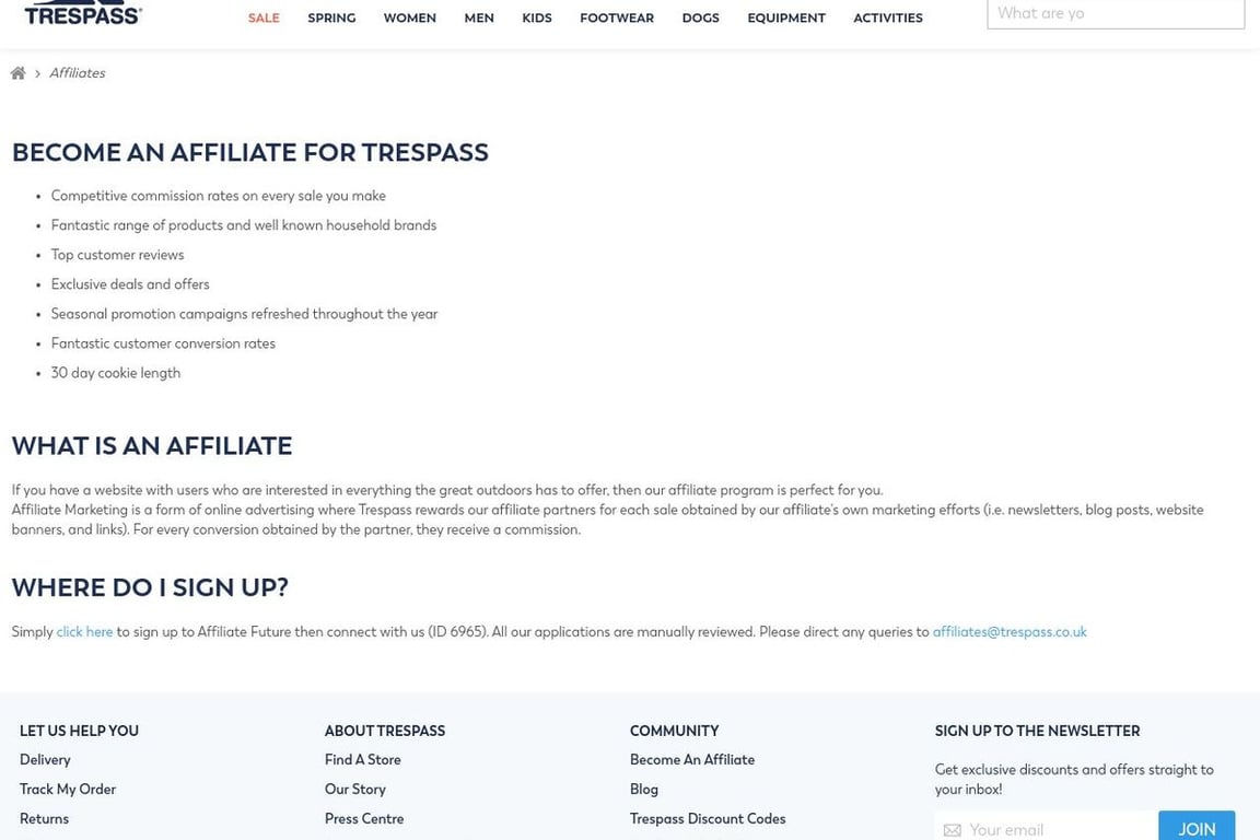 Trespass affiliate program signup page