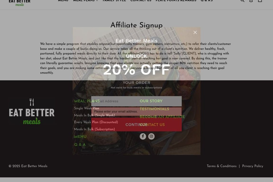 Eat Better Meals affiliate program signup page