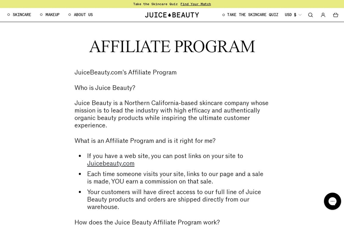 Juice Beauty affiliate program signup page