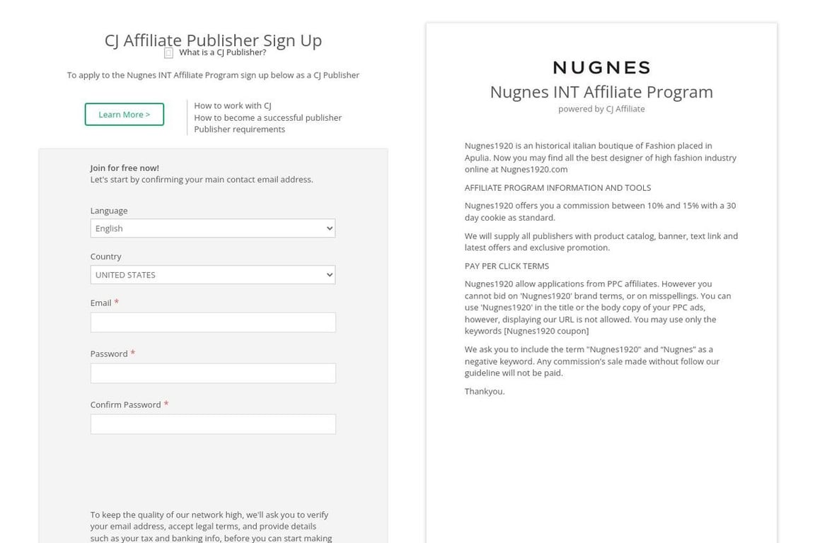 Nugnes affiliate program signup page