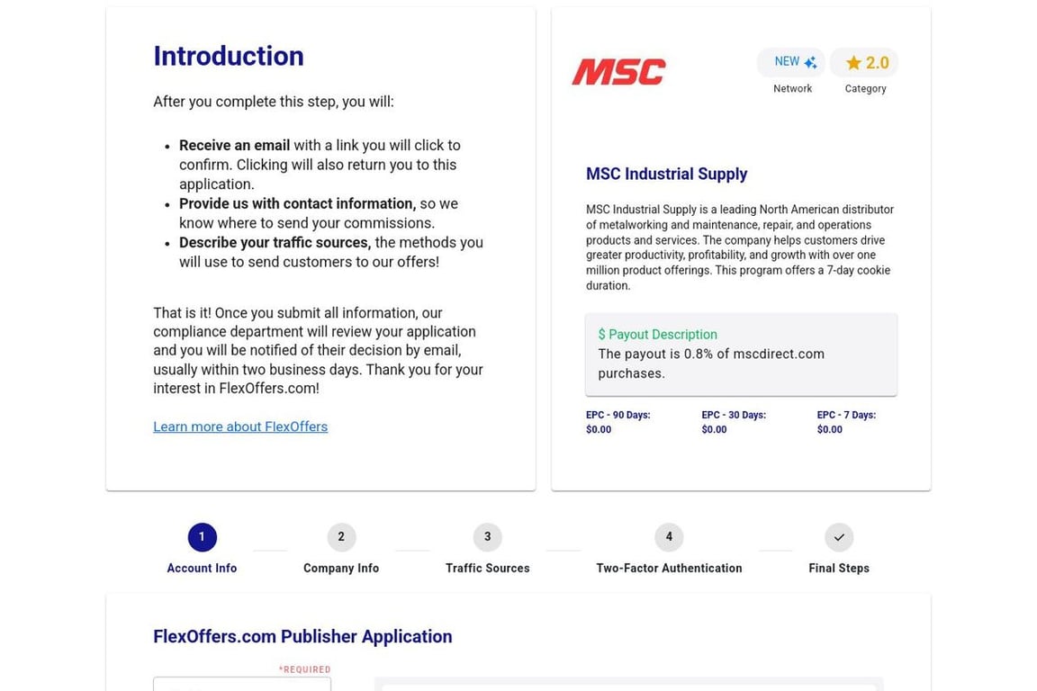 MSC Industrial Supply affiliate program signup page