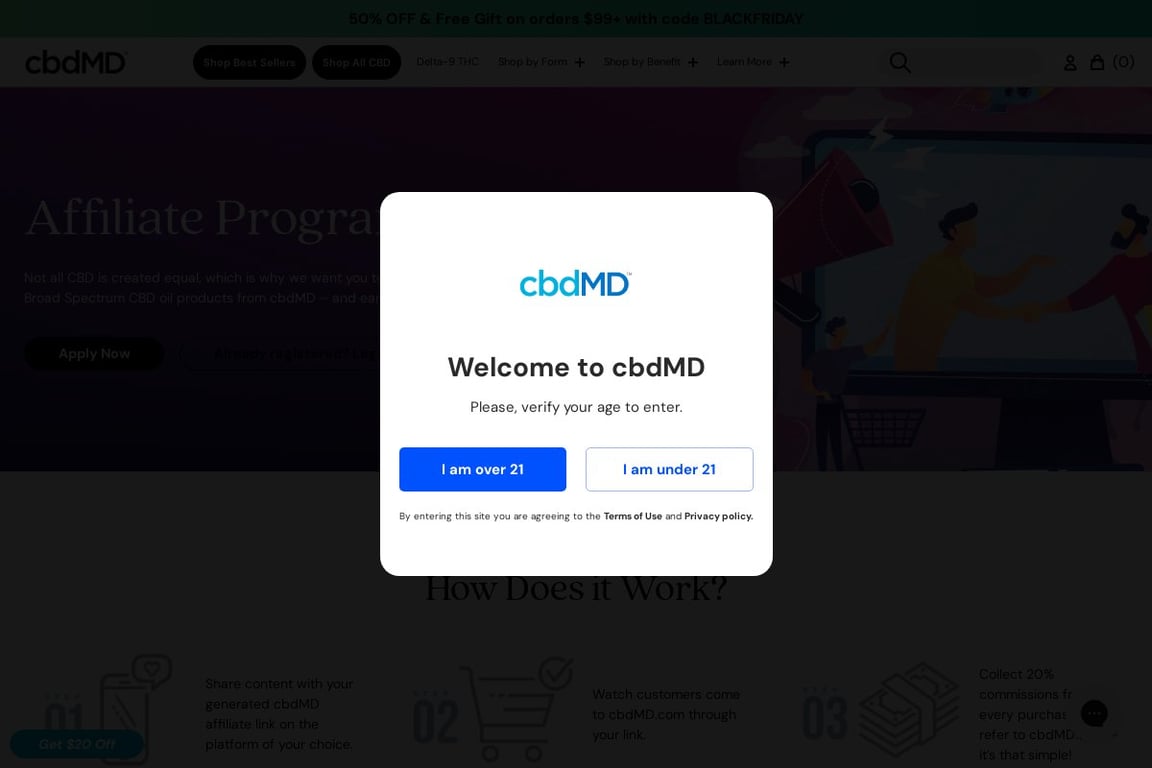 CbdMD affiliate program signup page