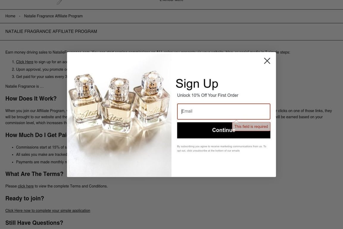 Natalie Fragrance affiliate program signup page