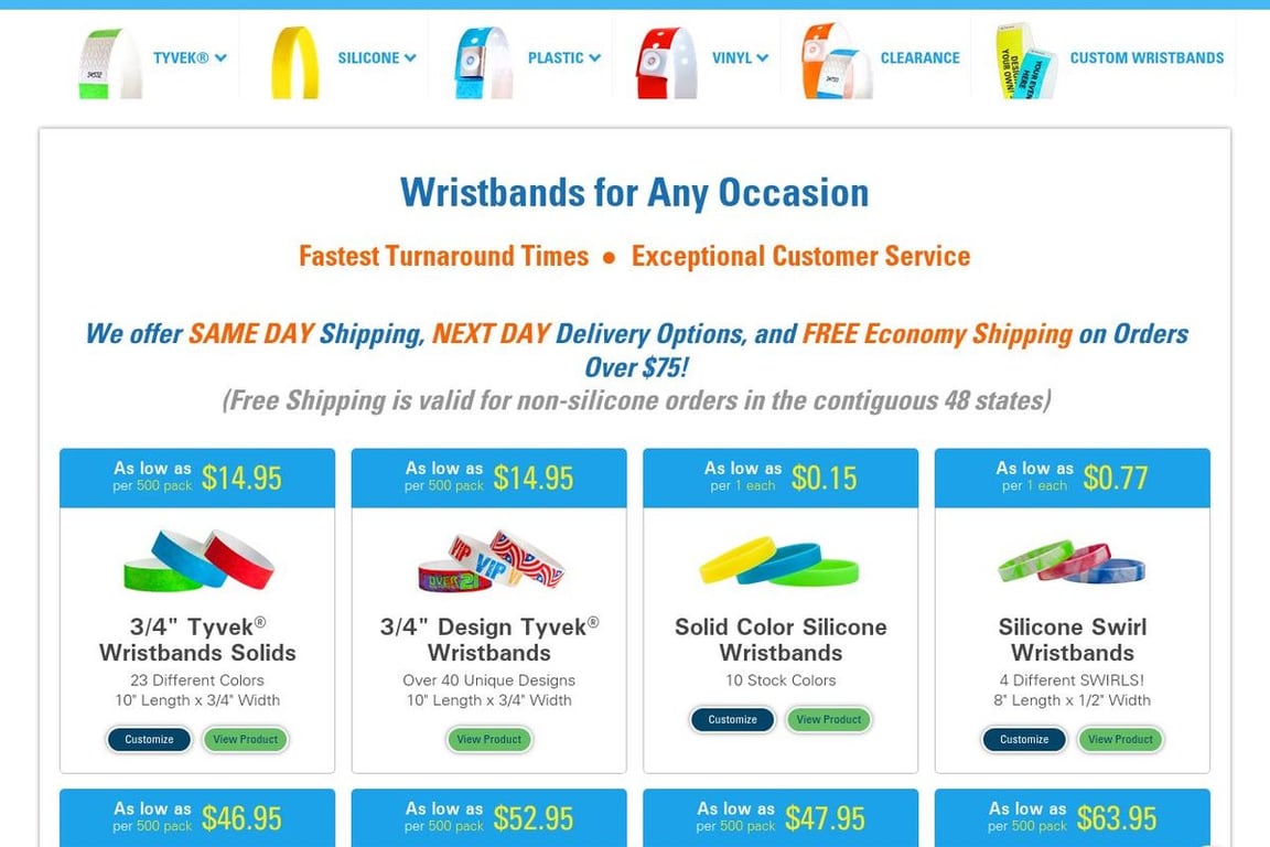 WristbandExpress.com homepage