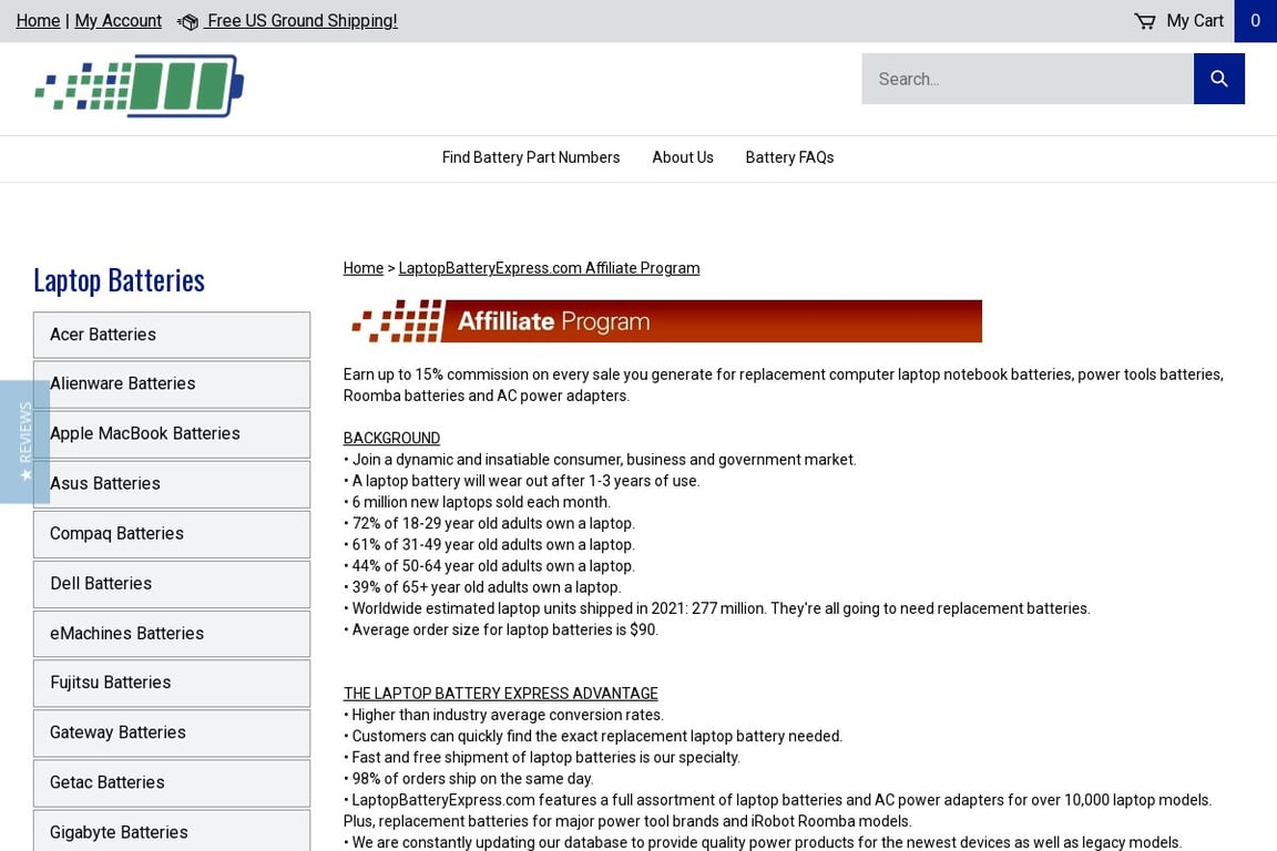 Laptop Battery Express affiliate program signup page