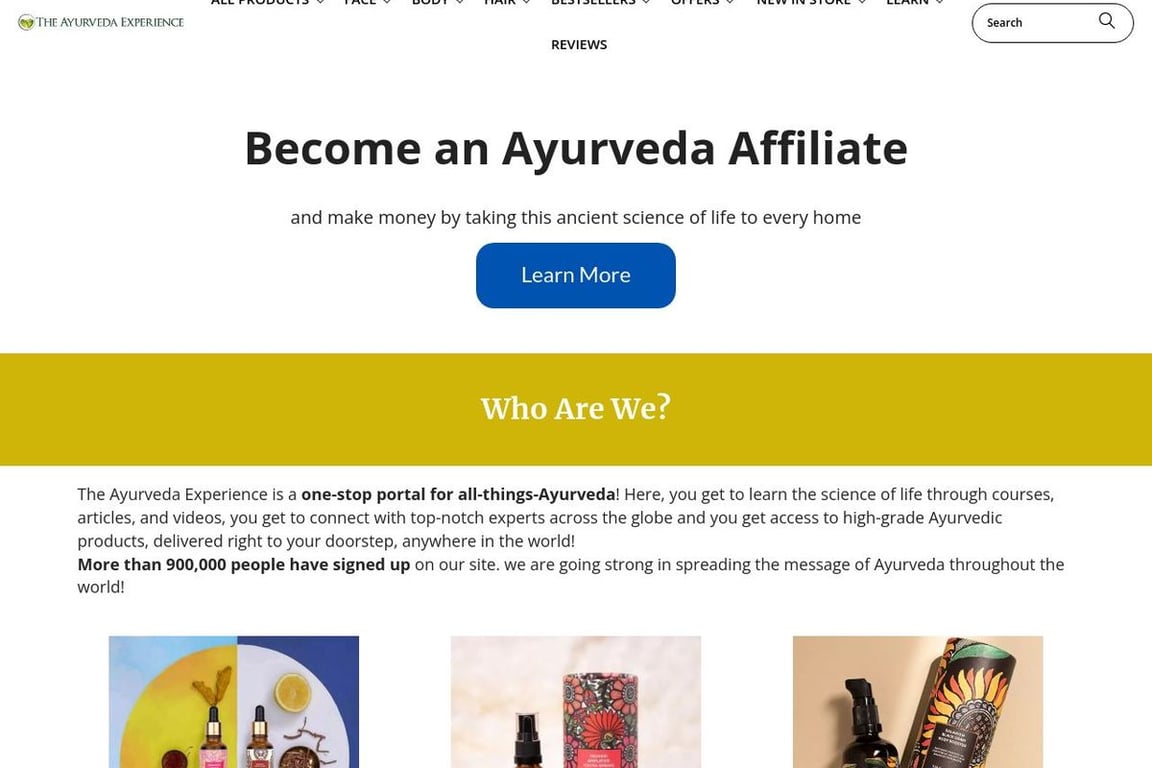 The Ayurveda Experience affiliate program signup page