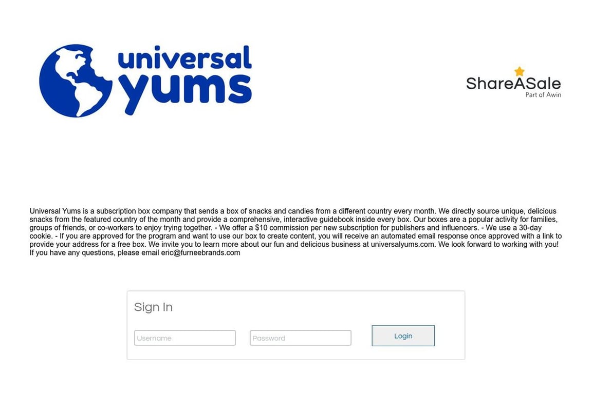 Universal Yums affiliate program signup page