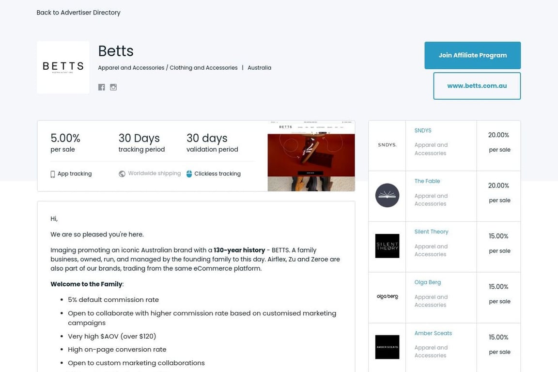 Betts affiliate program signup page
