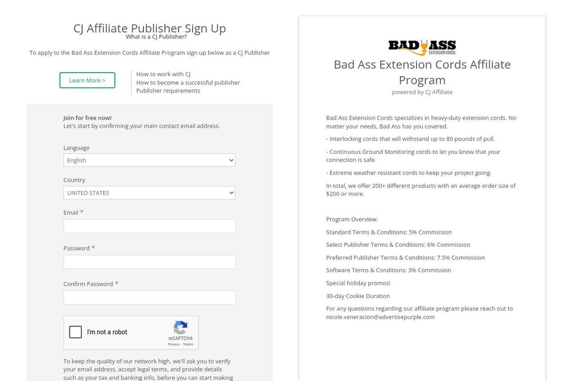 Bad Ass Extension Cords affiliate program signup page