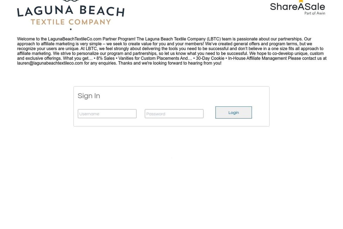 Laguna Beach Textile Company affiliate program signup page