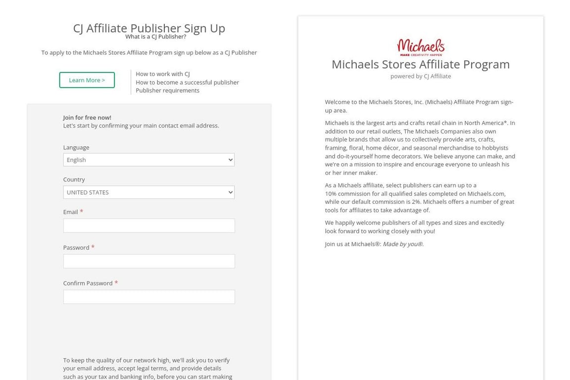 Michaels affiliate program signup page