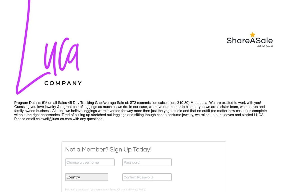 Luca Company affiliate program signup page