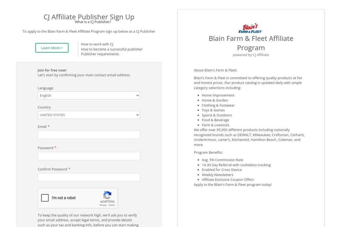 Blain Farm & Fleet affiliate program signup page