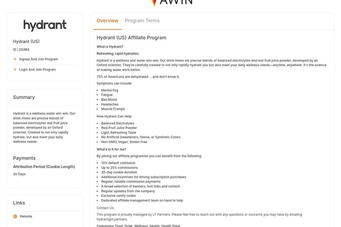 Hydrant (US) affiliate program signup page