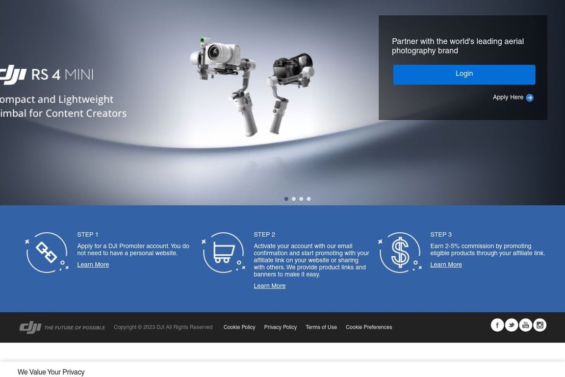 DJI affiliate program signup page