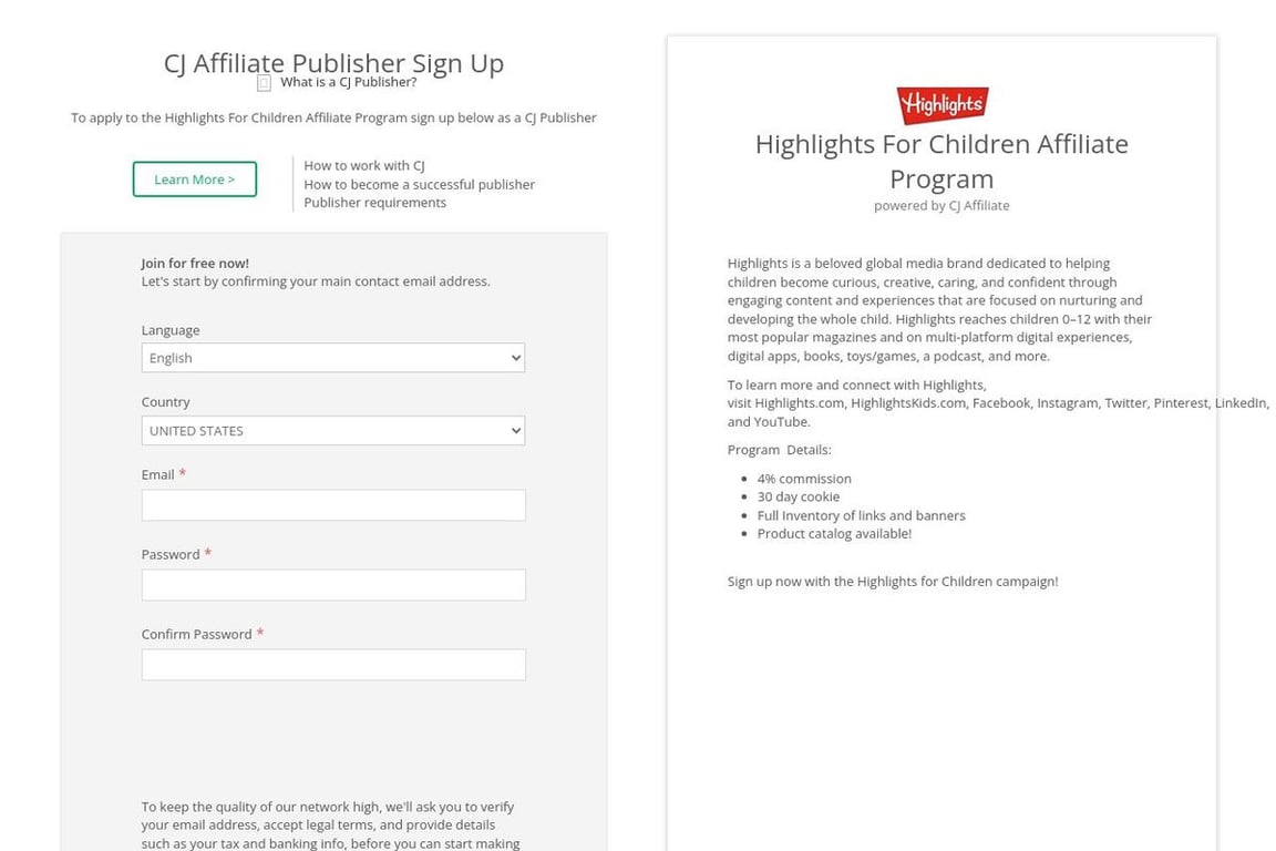 Highlights For Children affiliate program signup page