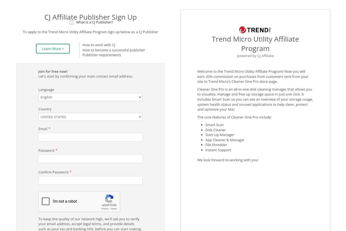 Trend Micro Small & Medium Business affiliate program signup page