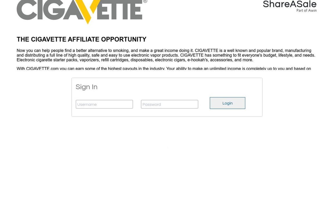 Cuvana Electronic Cigar affiliate program signup page