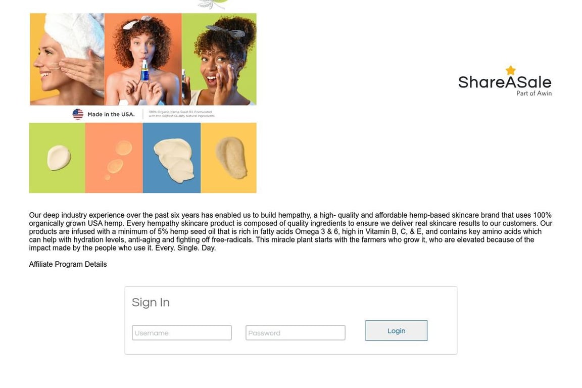 Hempathy affiliate program signup page