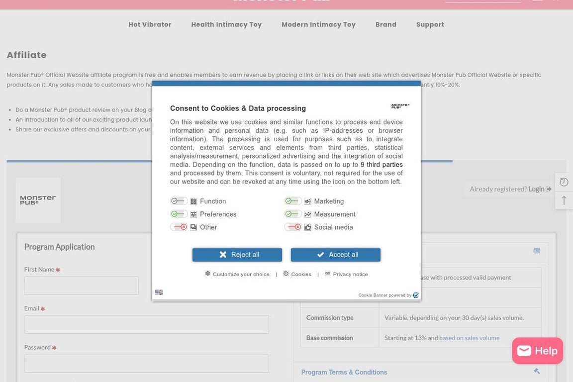 Monster Pub affiliate program signup page