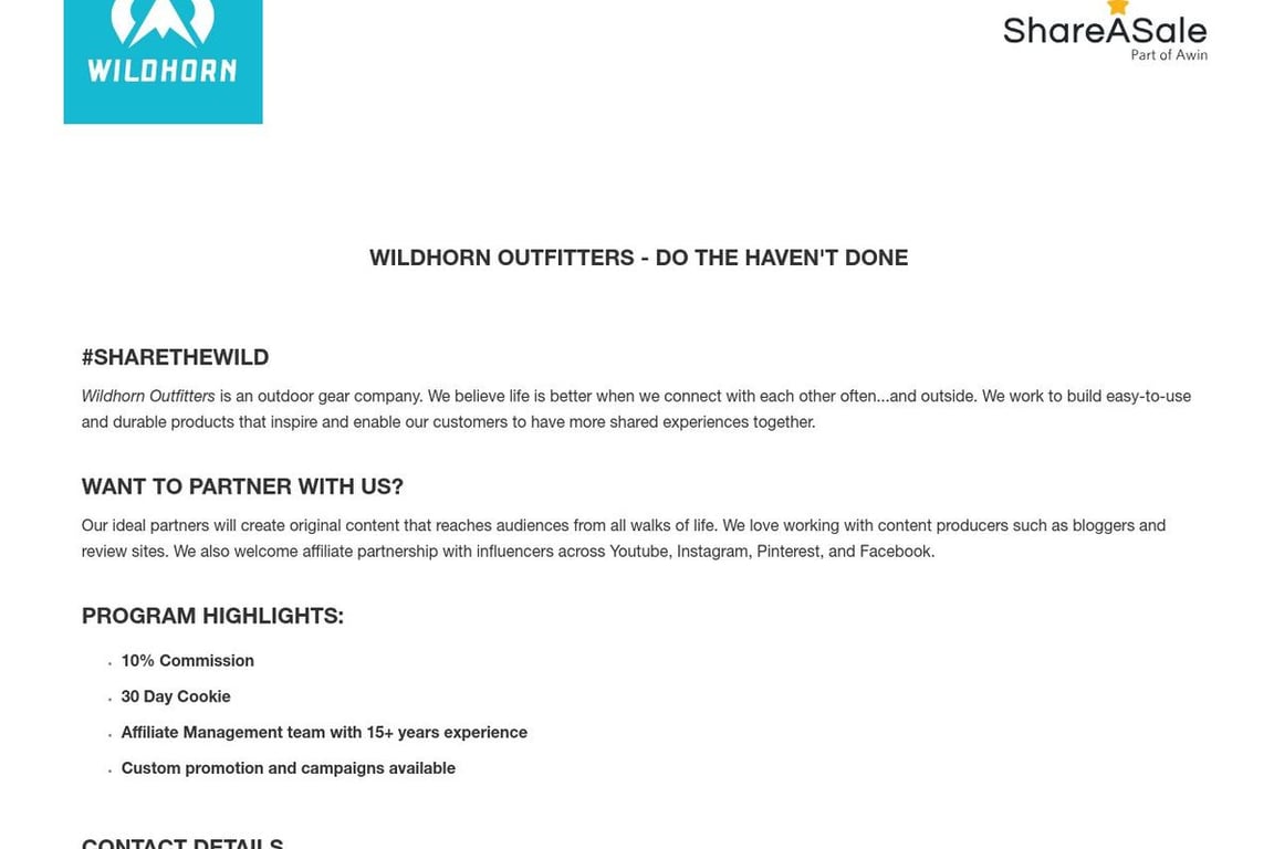 Wildhorn Outfitters affiliate program signup page