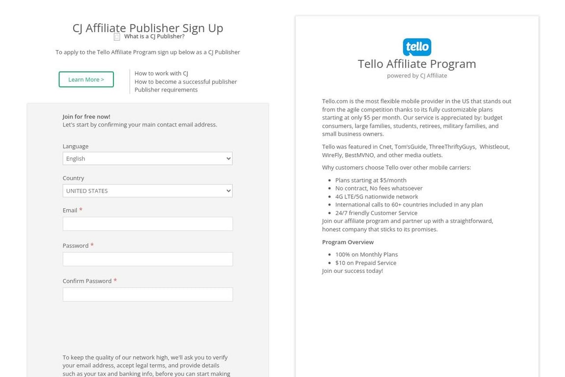 Tello affiliate program signup page