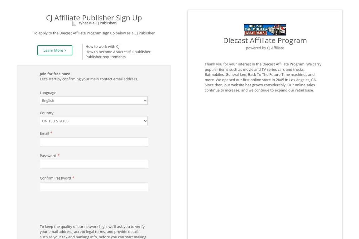 Diecast affiliate program signup page