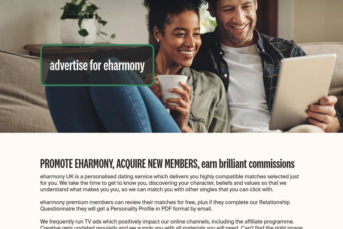 Eharmony UK affiliate program signup page