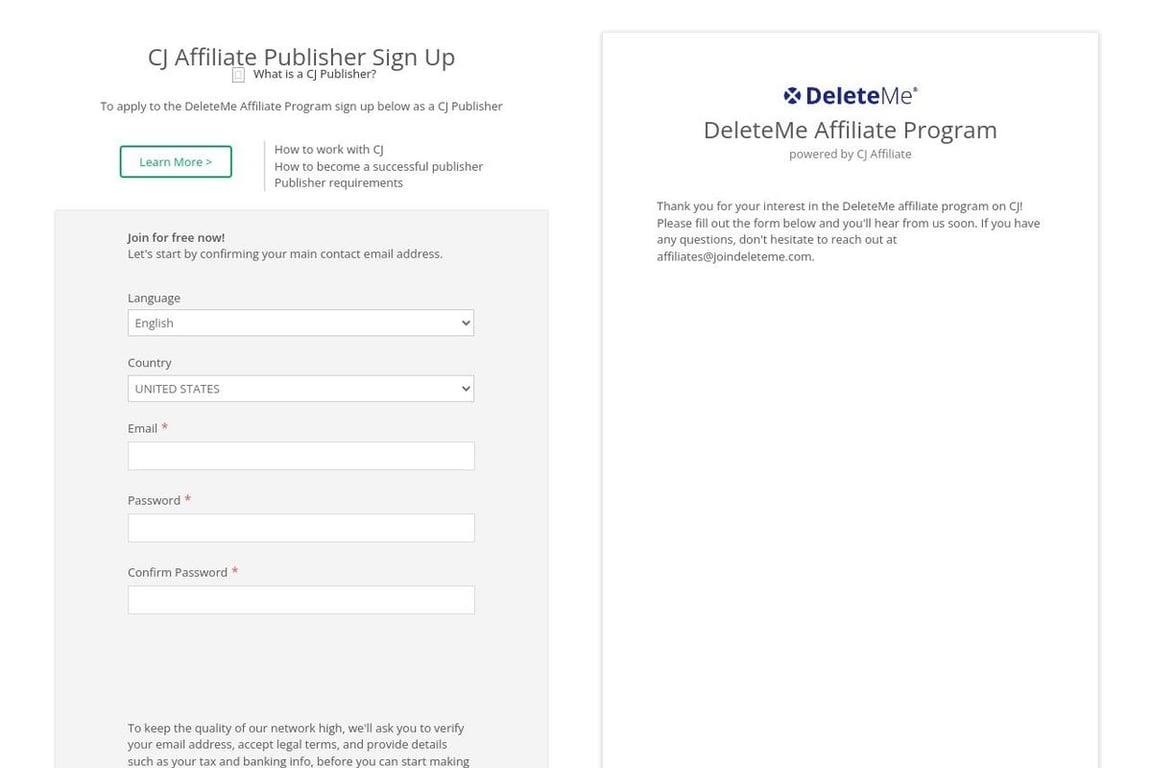 DeleteMe affiliate program signup page
