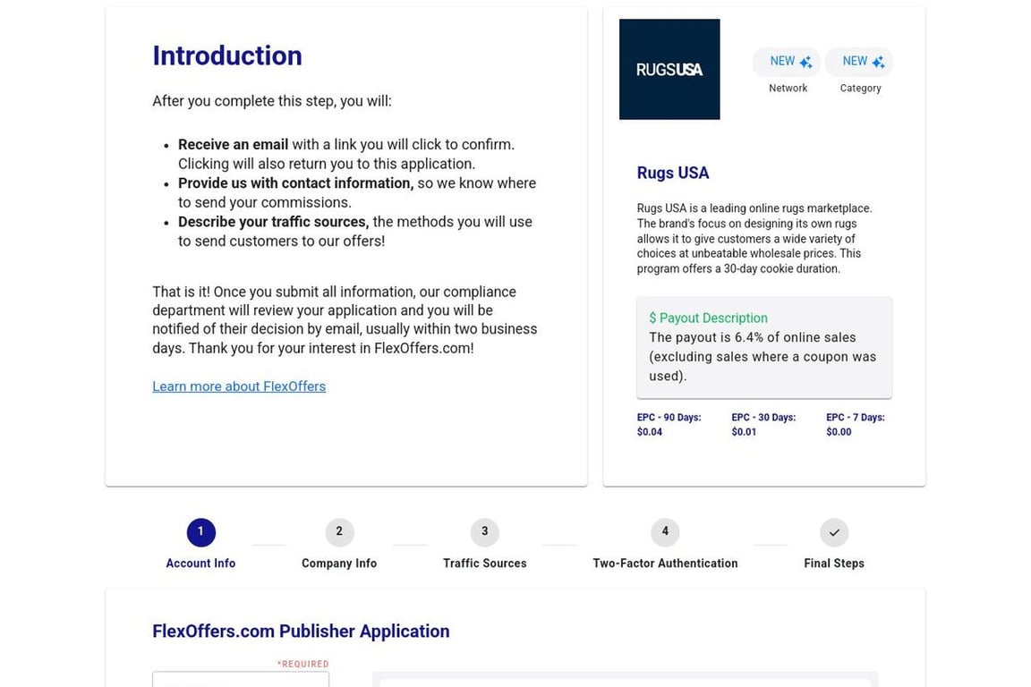 Rugs USA affiliate program signup page