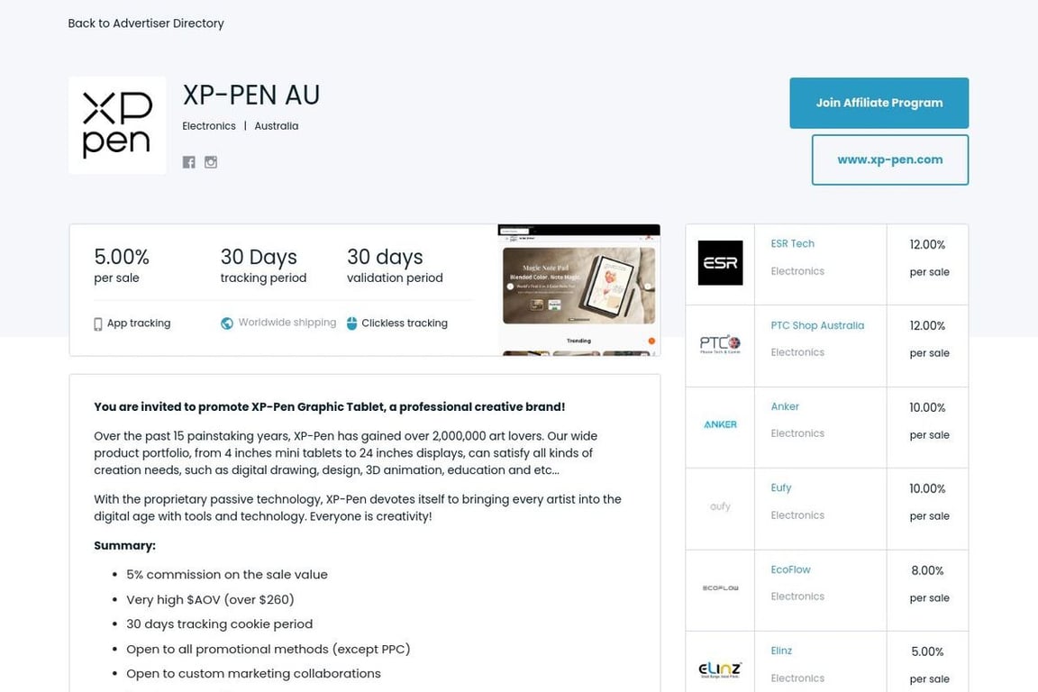 XP-Pen AU affiliate program signup page