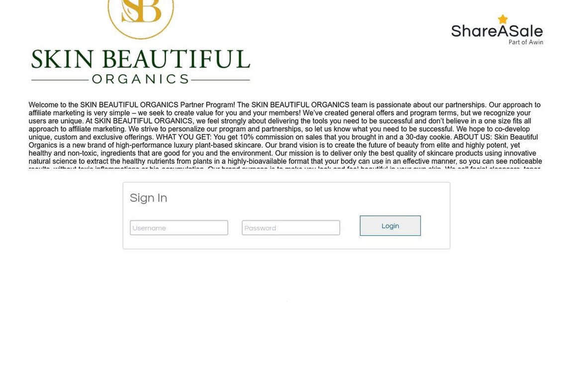 Skin Beautiful Organics affiliate program signup page