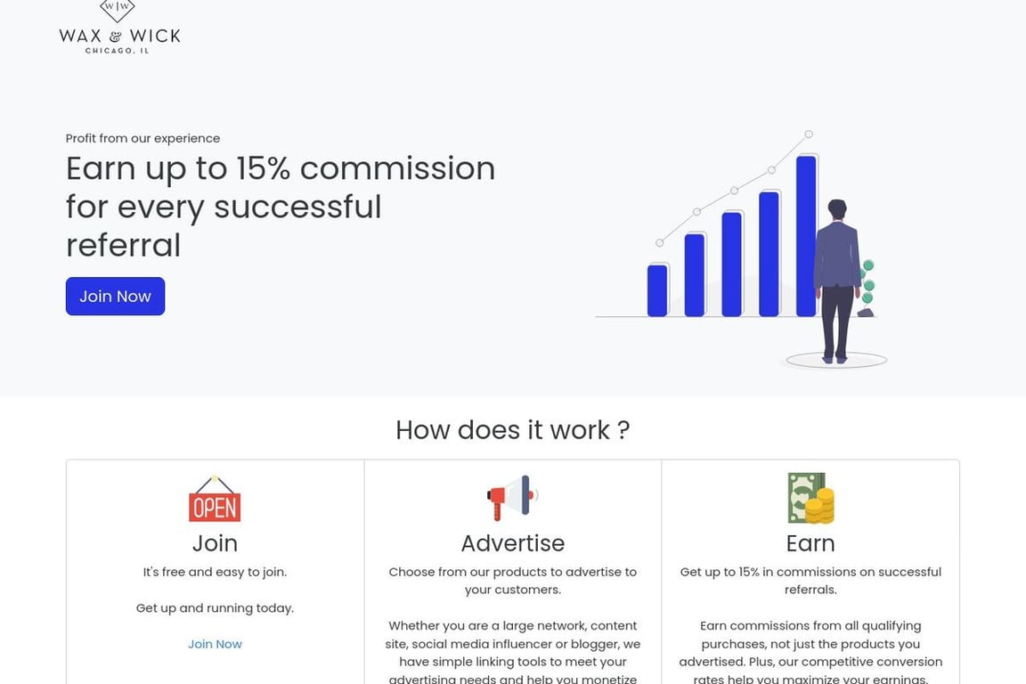 Wax and Wick affiliate program signup page