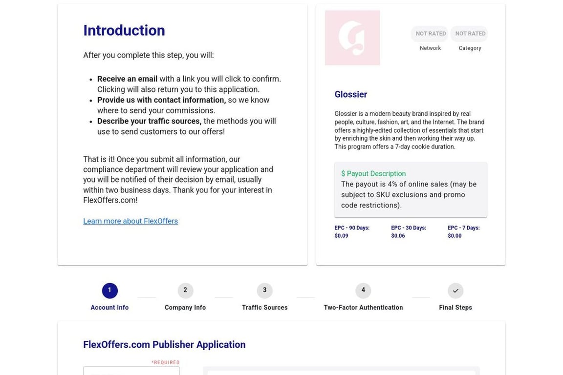 Glossier affiliate program signup page