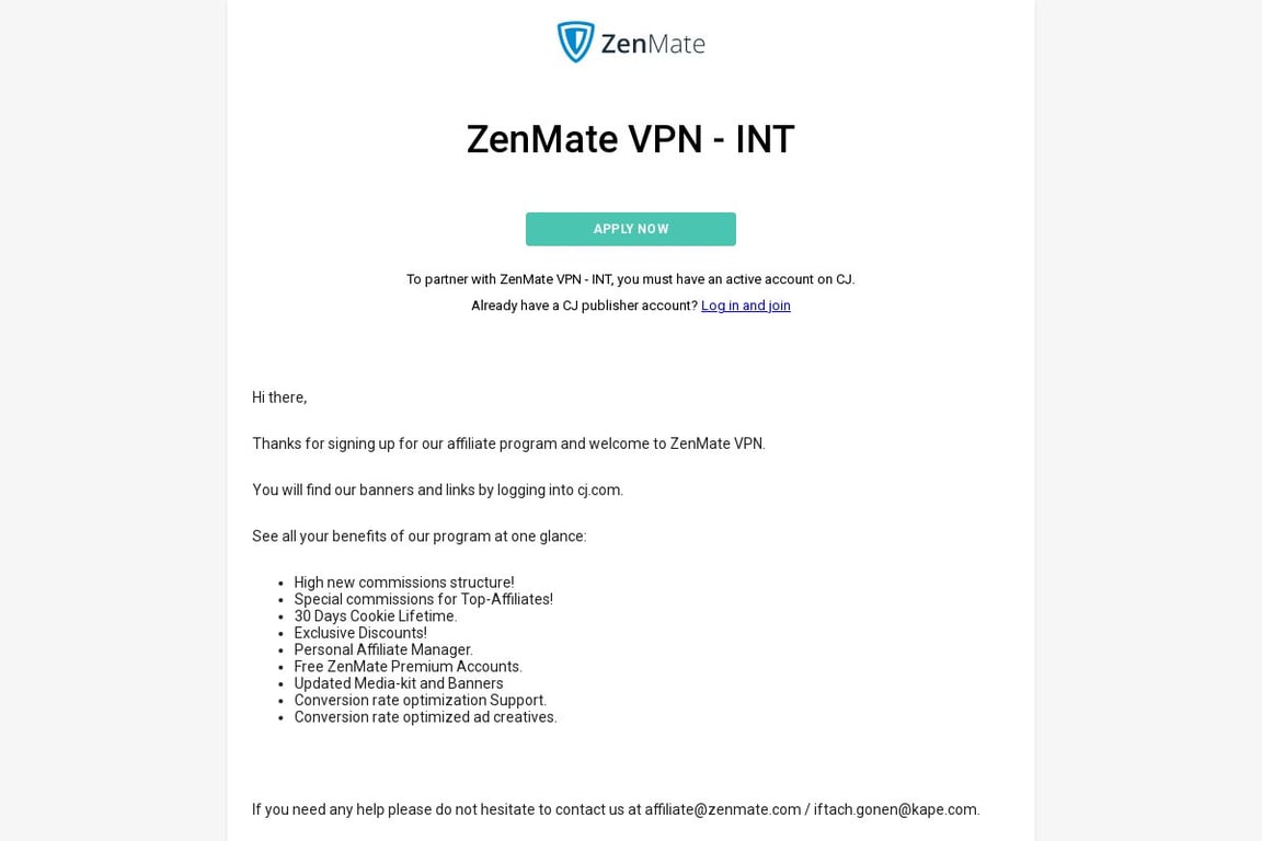 ZenMate VPN US affiliate program signup page
