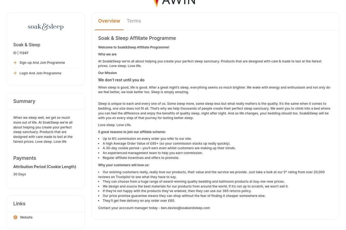 Soak & Sleep affiliate program signup page