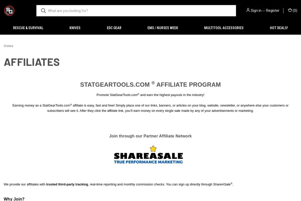 StatGear affiliate program signup page