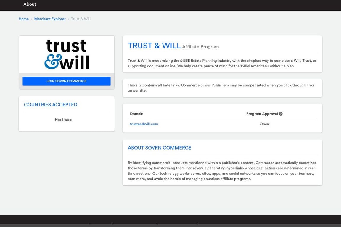 Trust & Will affiliate program signup page