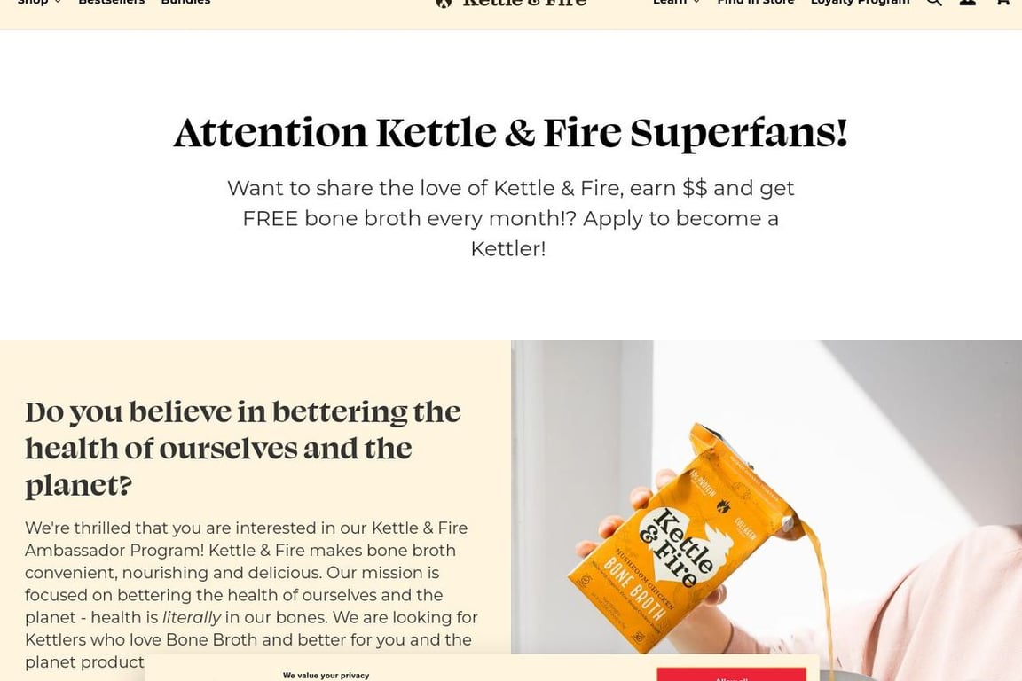 Kettle & Fire affiliate program signup page