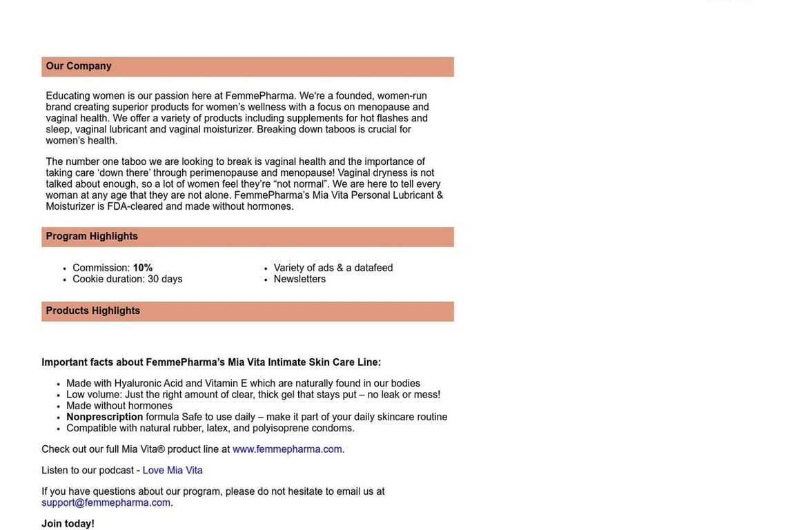 FemmePharma affiliate program signup page