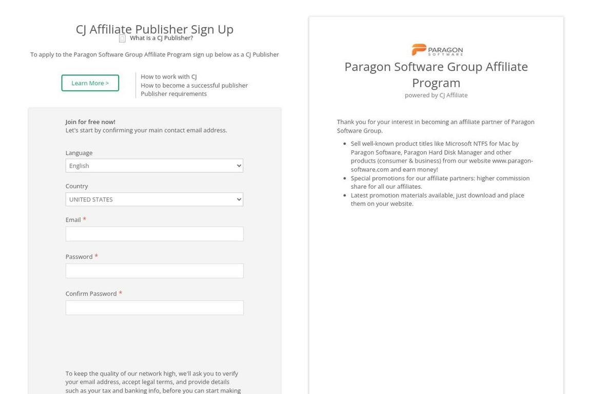 Paragon Software Group affiliate program signup page